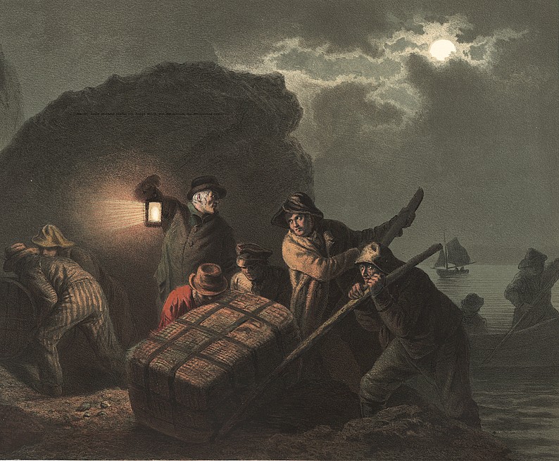 Altes Ölbild Schmuggler mit Koffern und Booten vor nächtlichem Hintergrund